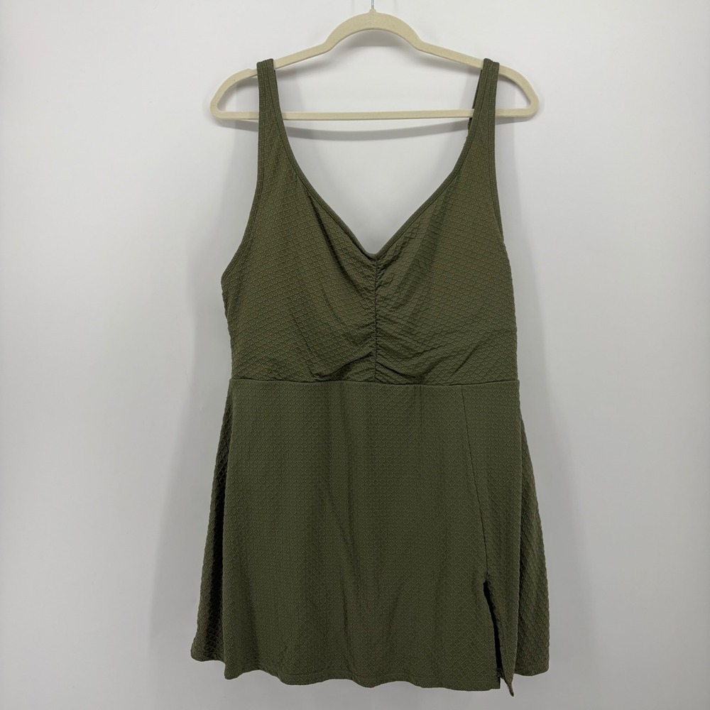 Lands End Womens XL Olive Green Swim Dress Textured Ruched V-Neck One Piece